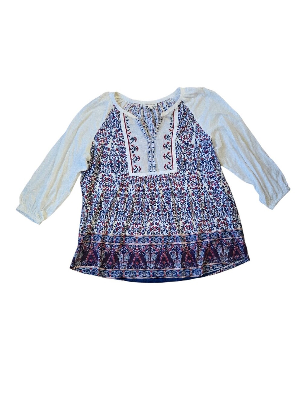 Vintage America Boho Peasant Tunic Top in Navy, Red & White Size XL